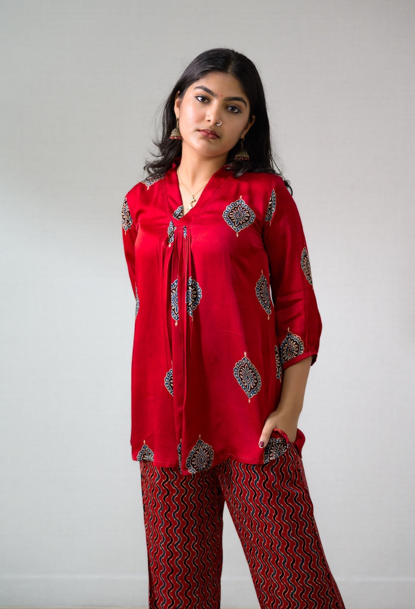 Set of 2- Red Pihu Modal Ajrakh Short Top & Parallel Pants (Buy 1 Get 1 Free)