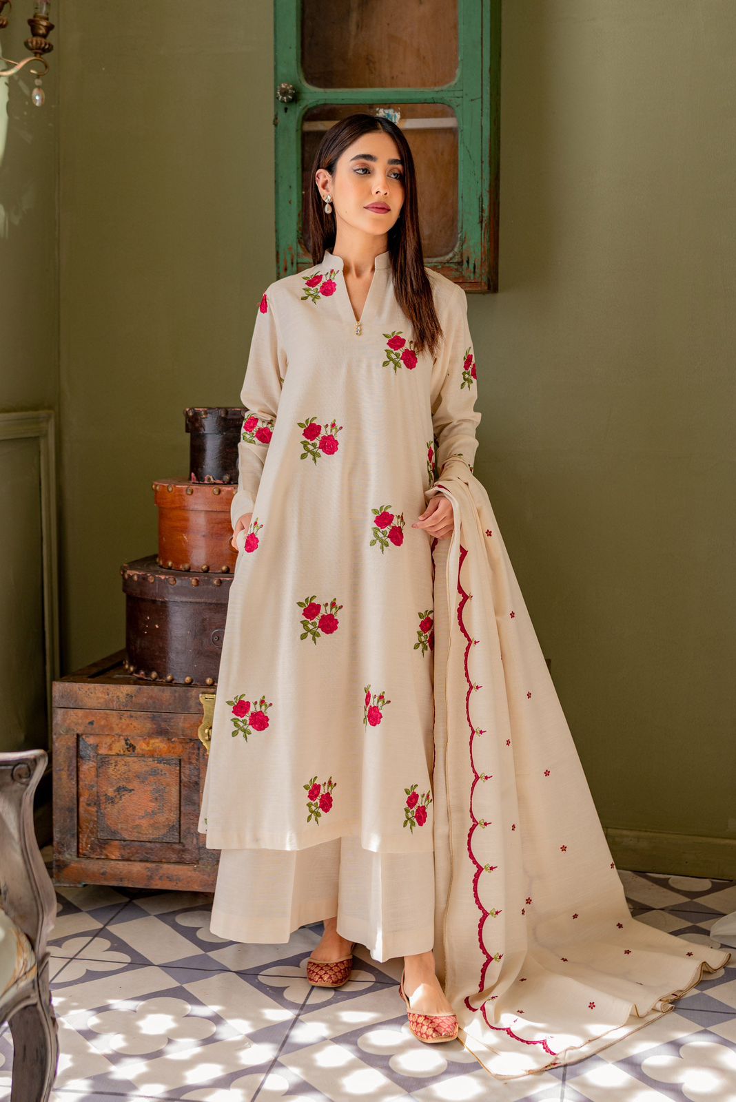 Women printed aline kurti Palazzo dupatta set with neckline latkan (Buy 1 Get 1 Free )