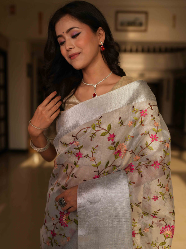Banarasee Handwoven Broad Border Tissue Saree With Embroidered Floral Design-Silver (Buy 1 Get 1 Free)