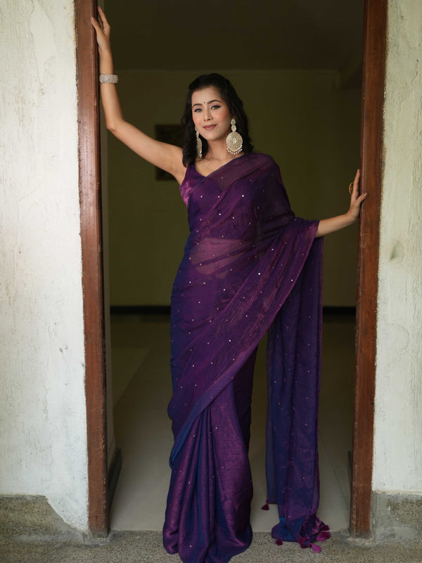 Banarasee Dual Shaded Chiffon Saree With Mirror Work-Violet (Buy 1 Get 1 Free)