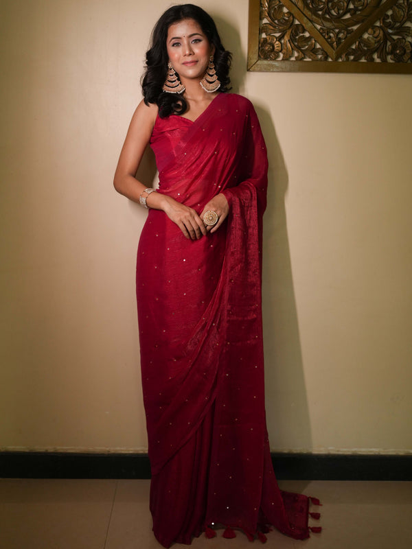 Banarasee Dual Shaded Chiffon Saree With Mirror Work-Red  (Buy 1 Get 1 Free)