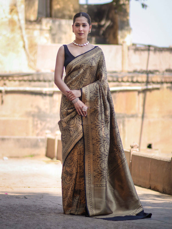 Banarasee Handloom Semi Katan Saree With Gold Zari Woven Design-Black (Buy 1 Get 1 Free)