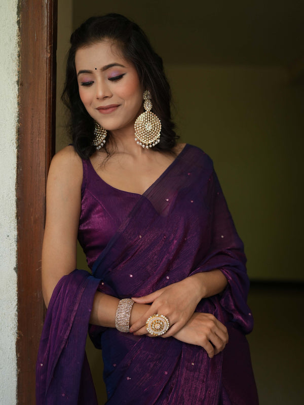 Banarasee Dual Shaded Chiffon Saree With Mirror Work-Violet (Buy 1 Get 1 Free)