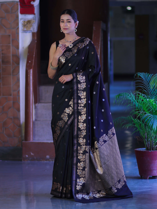 Banarasee Handloom Semi Silk Saree With Sona Rupa Zari Buti Design & Floral Border-Black (Buy 1 Get 1 Free)