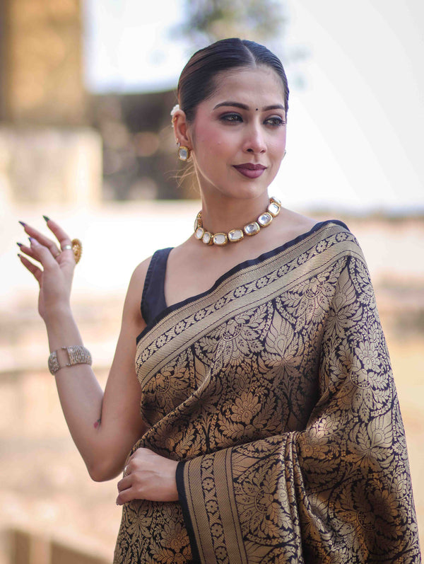 Banarasee Handloom Semi Katan Saree With Gold Zari Woven Design-Black (Buy 1 Get 1 Free)