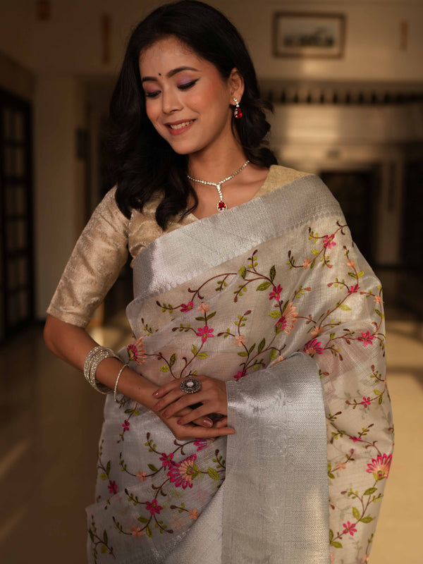 Banarasee Handwoven Broad Border Tissue Saree With Embroidered Floral Design-Silver (Buy 1 Get 1 Free)