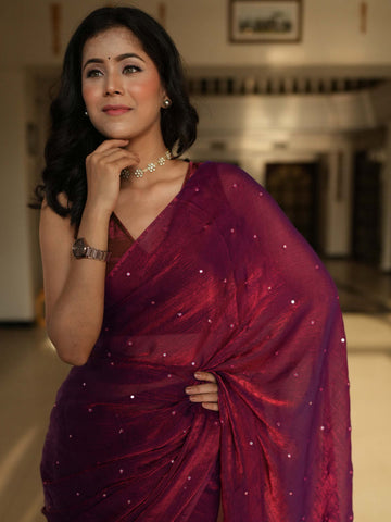Banarasee Dual Shaded Chiffon Saree With Mirror Work-Maroon (Buy 1 Get 1 Free)