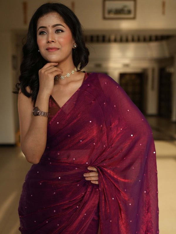 Banarasee Dual Shaded Chiffon Saree With Mirror Work-Maroon (Buy 1 Get 1 Free)