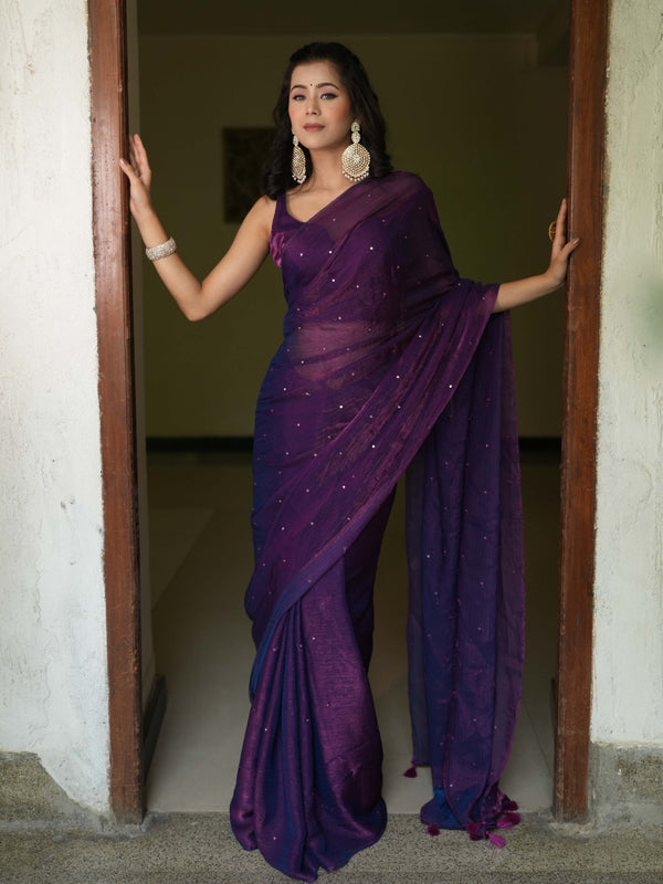 Banarasee Dual Shaded Chiffon Saree With Mirror Work-Violet (Buy 1 Get 1 Free)