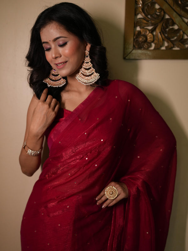 Banarasee Dual Shaded Chiffon Saree With Mirror Work-Red  (Buy 1 Get 1 Free)
