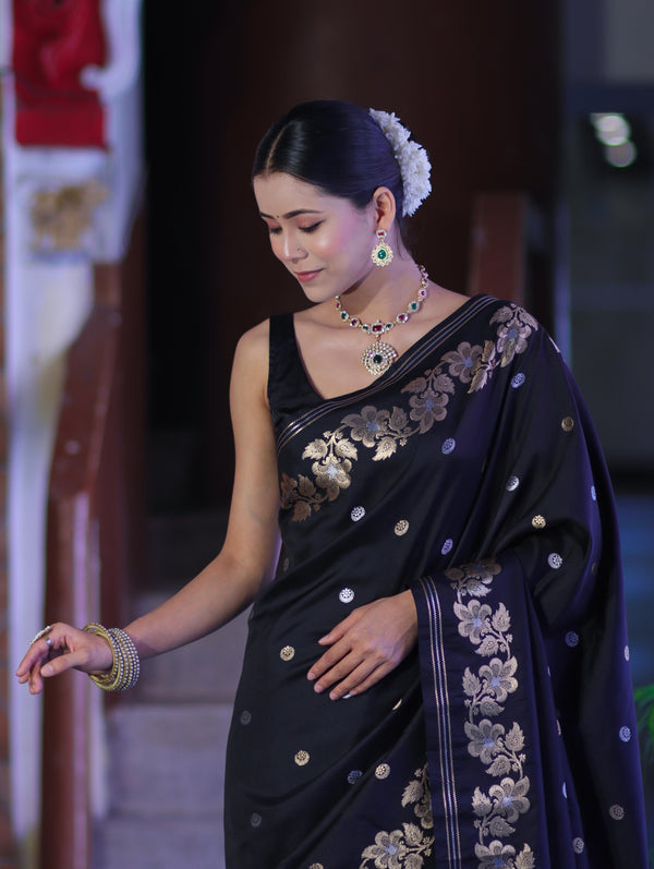 Banarasee Handloom Semi Silk Saree With Sona Rupa Zari Buti Design & Floral Border-Black (Buy 1 Get 1 Free)