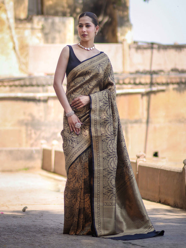 Banarasee Handloom Semi Katan Saree With Gold Zari Woven Design-Black (Buy 1 Get 1 Free)