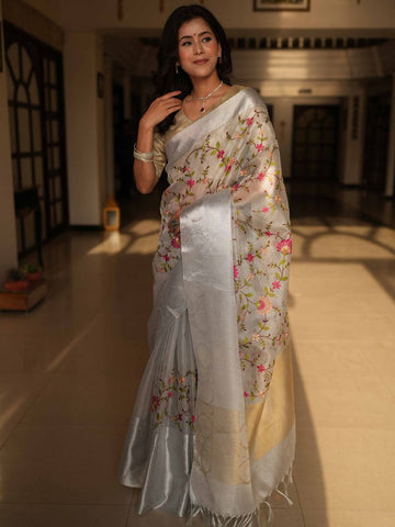 Banarasee Handwoven Broad Border Tissue Saree With Embroidered Floral Design-Silver (Buy 1 Get 1 Free)