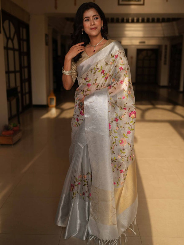 Banarasee Handwoven Broad Border Tissue Saree With Embroidered Floral Design-Silver (Buy 1 Get 1 Free)