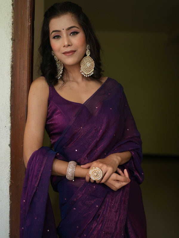 Banarasee Dual Shaded Chiffon Saree With Mirror Work-Violet (Buy 1 Get 1 Free)
