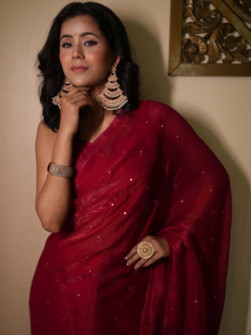 Banarasee Dual Shaded Chiffon Saree With Mirror Work-Red  (Buy 1 Get 1 Free)