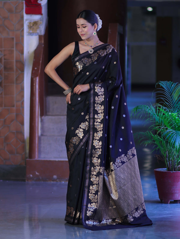 Banarasee Handloom Semi Silk Saree With Sona Rupa Zari Buti Design & Floral Border-Black (Buy 1 Get 1 Free)