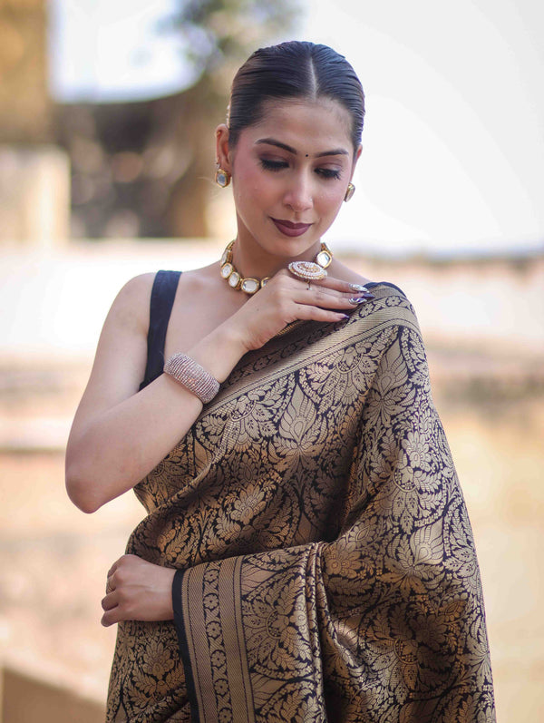 Banarasee Handloom Semi Katan Saree With Gold Zari Woven Design-Black (Buy 1 Get 1 Free)