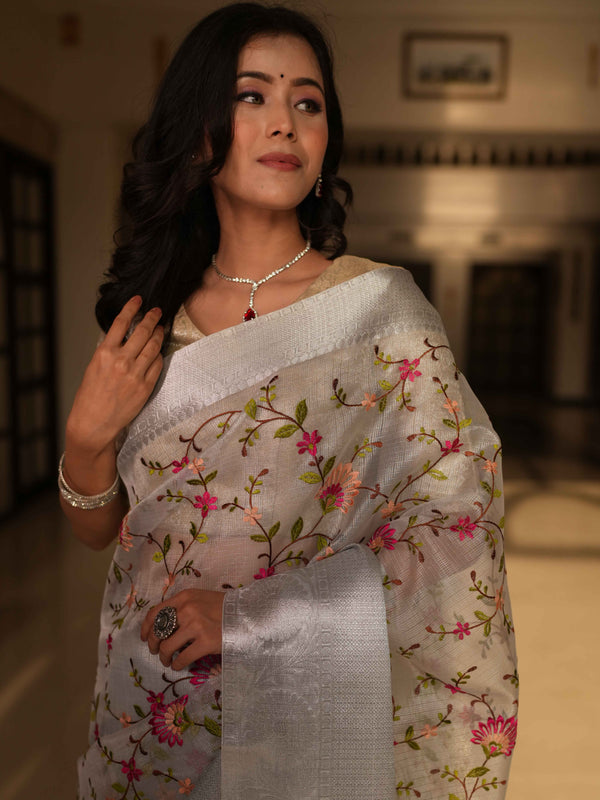 Banarasee Handwoven Broad Border Tissue Saree With Embroidered Floral Design-Silver (Buy 1 Get 1 Free)