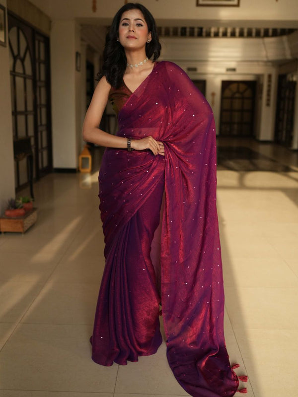 Banarasee Dual Shaded Chiffon Saree With Mirror Work-Maroon (Buy 1 Get 1 Free)