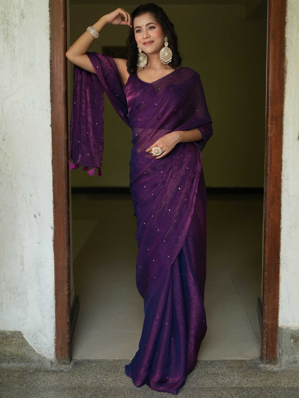 Banarasee Dual Shaded Chiffon Saree With Mirror Work-Violet (Buy 1 Get 1 Free)