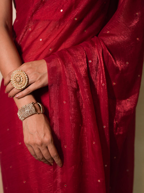 Banarasee Dual Shaded Chiffon Saree With Mirror Work-Red  (Buy 1 Get 1 Free)