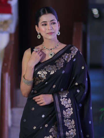 Banarasee Handloom Semi Silk Saree With Sona Rupa Zari Buti Design & Floral Border-Black (Buy 1 Get 1 Free)