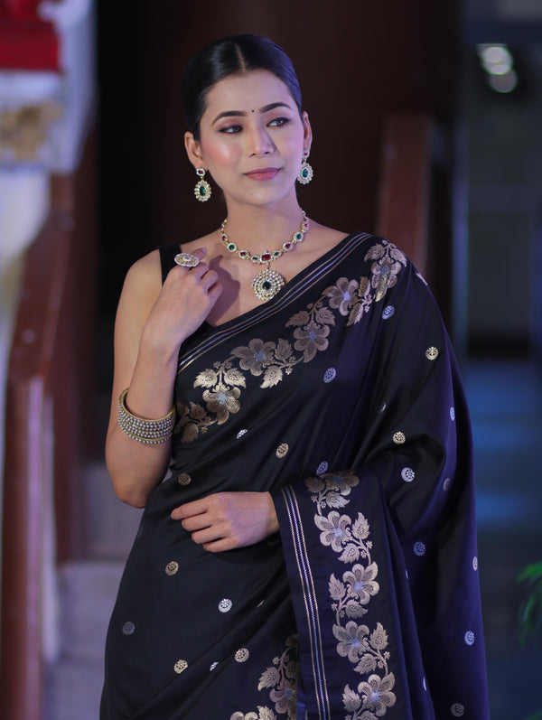Banarasee Handloom Semi Silk Saree With Sona Rupa Zari Buti Design & Floral Border-Black (Buy 1 Get 1 Free)