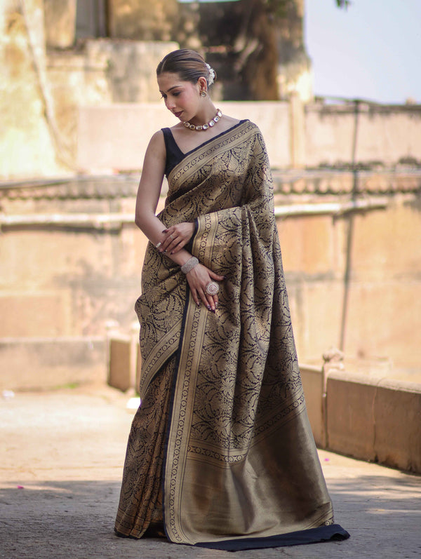Banarasee Handloom Semi Katan Saree With Gold Zari Woven Design-Black (Buy 1 Get 1 Free)