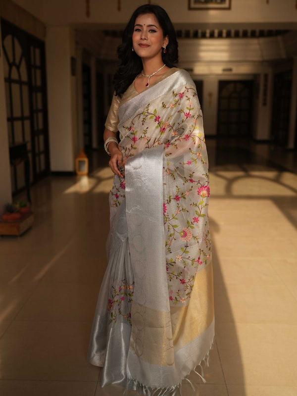 Banarasee Handwoven Broad Border Tissue Saree With Embroidered Floral Design-Silver (Buy 1 Get 1 Free)