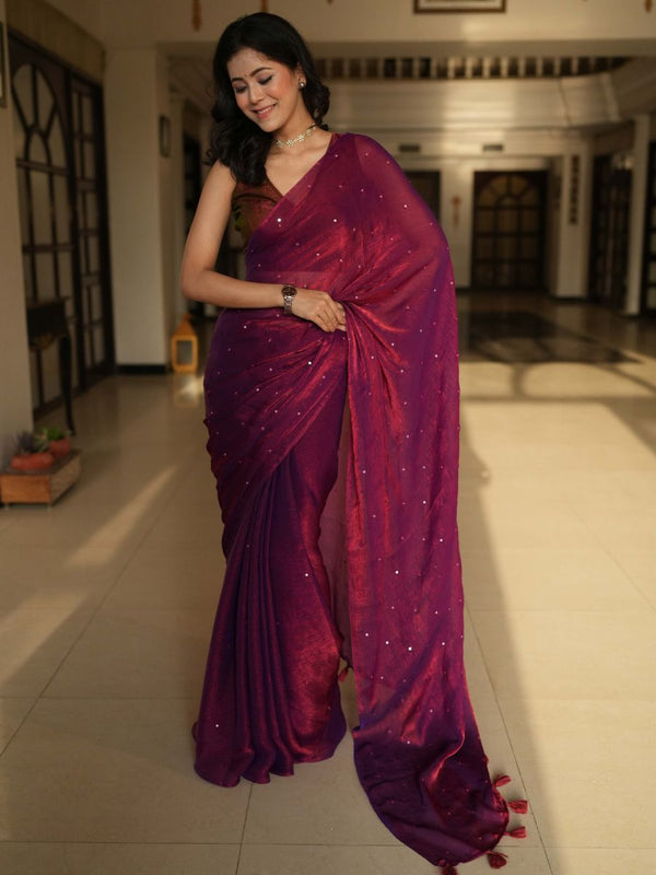 Banarasee Dual Shaded Chiffon Saree With Mirror Work-Maroon (Buy 1 Get 1 Free)
