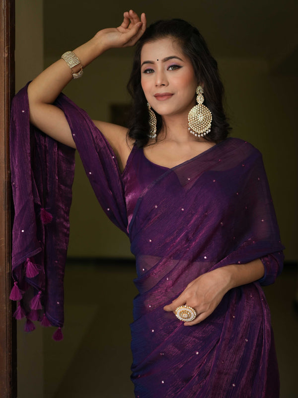 Banarasee Dual Shaded Chiffon Saree With Mirror Work-Violet (Buy 1 Get 1 Free)
