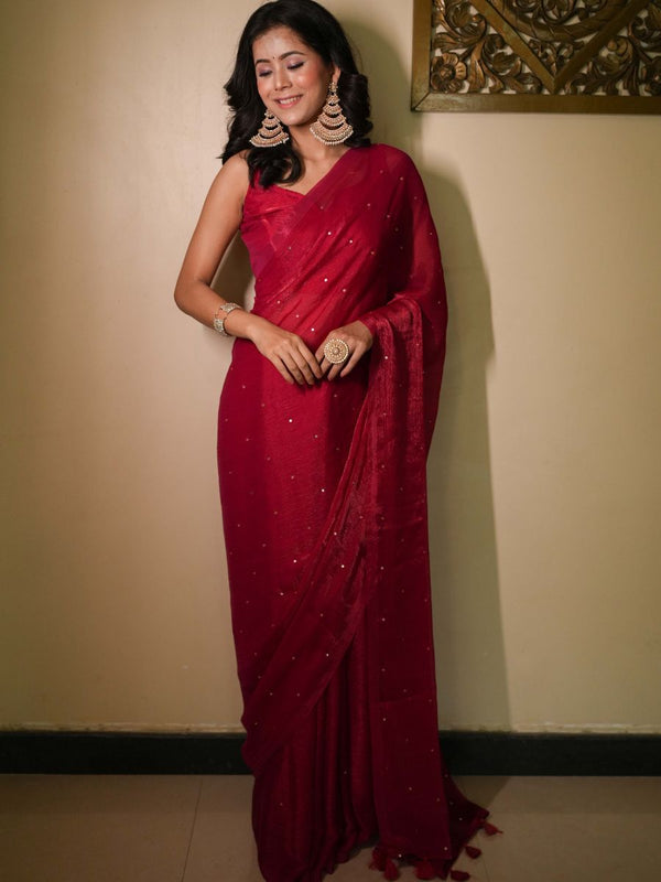 Banarasee Dual Shaded Chiffon Saree With Mirror Work-Red  (Buy 1 Get 1 Free)
