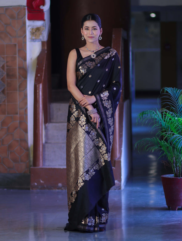 Banarasee Handloom Semi Silk Saree With Sona Rupa Zari Buti Design & Floral Border-Black (Buy 1 Get 1 Free)