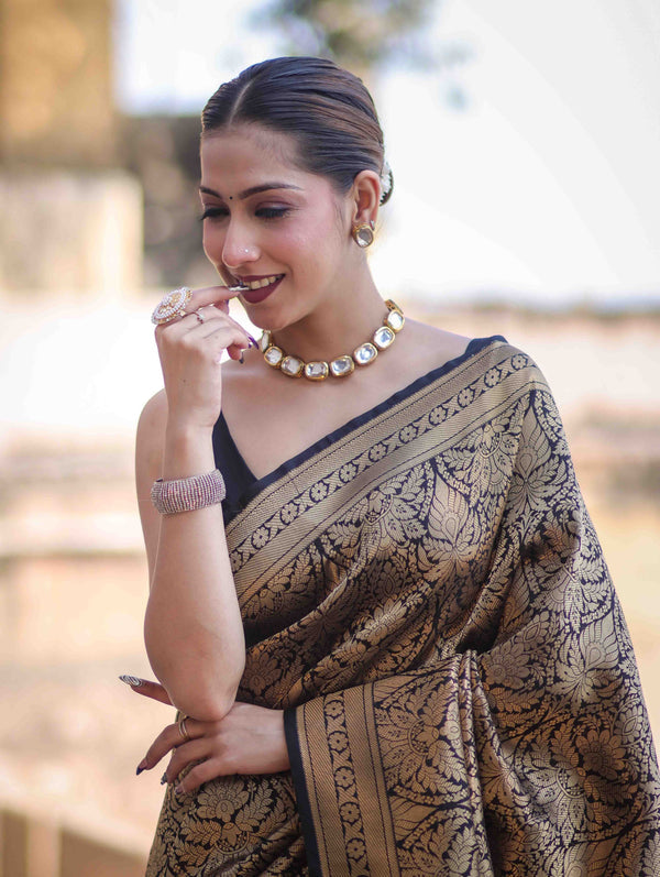 Banarasee Handloom Semi Katan Saree With Gold Zari Woven Design-Black (Buy 1 Get 1 Free)