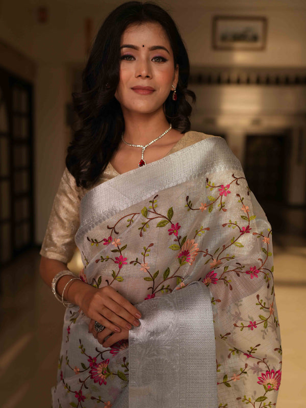 Banarasee Handwoven Broad Border Tissue Saree With Embroidered Floral Design-Silver (Buy 1 Get 1 Free)