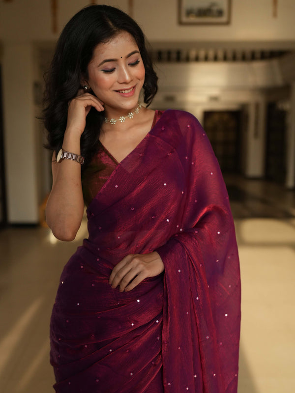 Banarasee Dual Shaded Chiffon Saree With Mirror Work-Maroon (Buy 1 Get 1 Free)