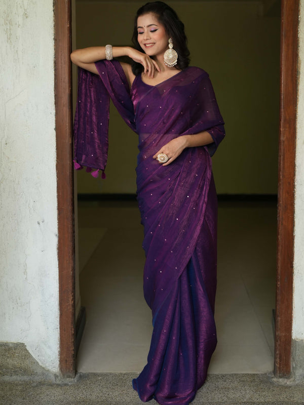 Banarasee Dual Shaded Chiffon Saree With Mirror Work-Violet (Buy 1 Get 1 Free)