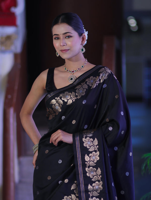 Banarasee Handloom Semi Silk Saree With Sona Rupa Zari Buti Design & Floral Border-Black (Buy 1 Get 1 Free)