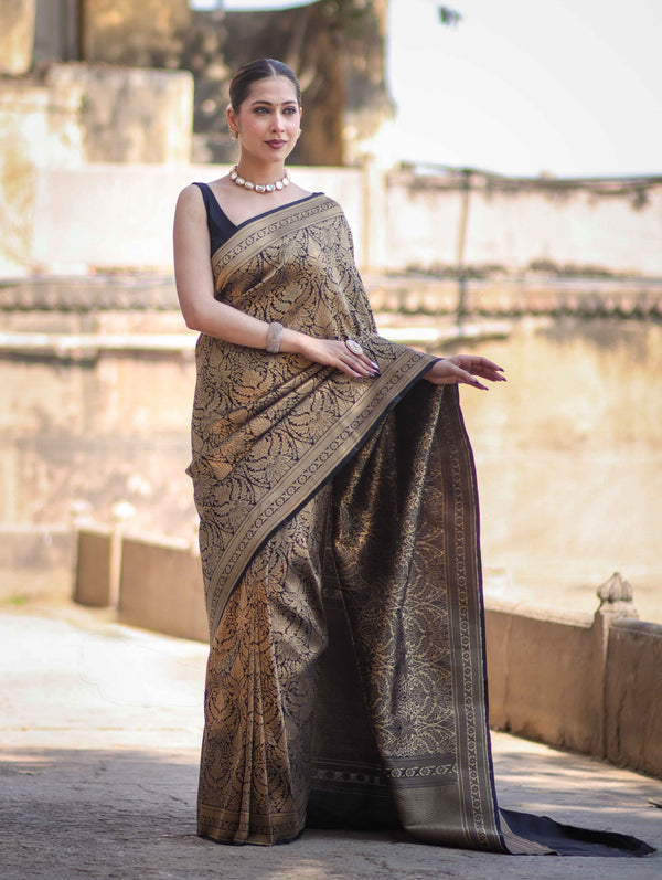 Banarasee Handloom Semi Katan Saree With Gold Zari Woven Design-Black (Buy 1 Get 1 Free)