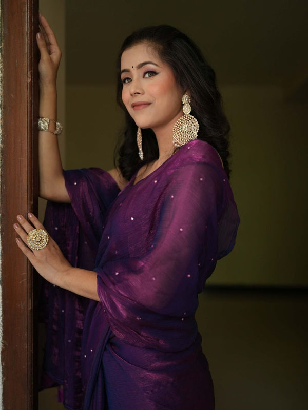 Banarasee Dual Shaded Chiffon Saree With Mirror Work-Violet (Buy 1 Get 1 Free)