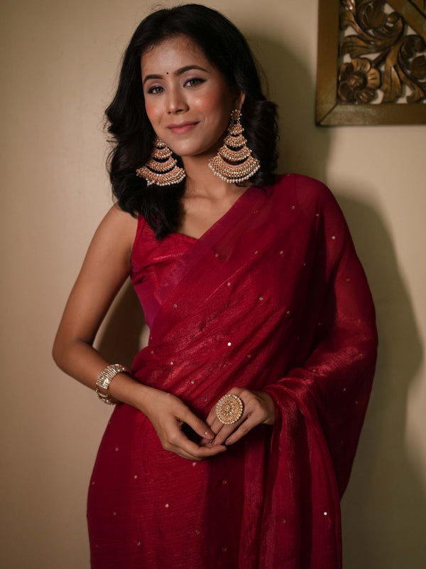 Banarasee Dual Shaded Chiffon Saree With Mirror Work-Red  (Buy 1 Get 1 Free)
