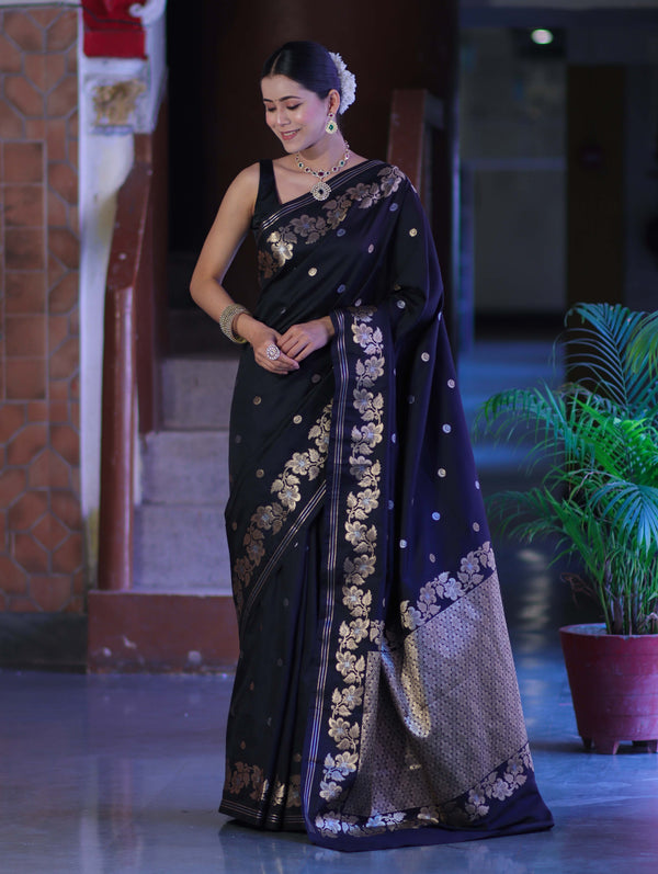 Banarasee Handloom Semi Silk Saree With Sona Rupa Zari Buti Design & Floral Border-Black (Buy 1 Get 1 Free)
