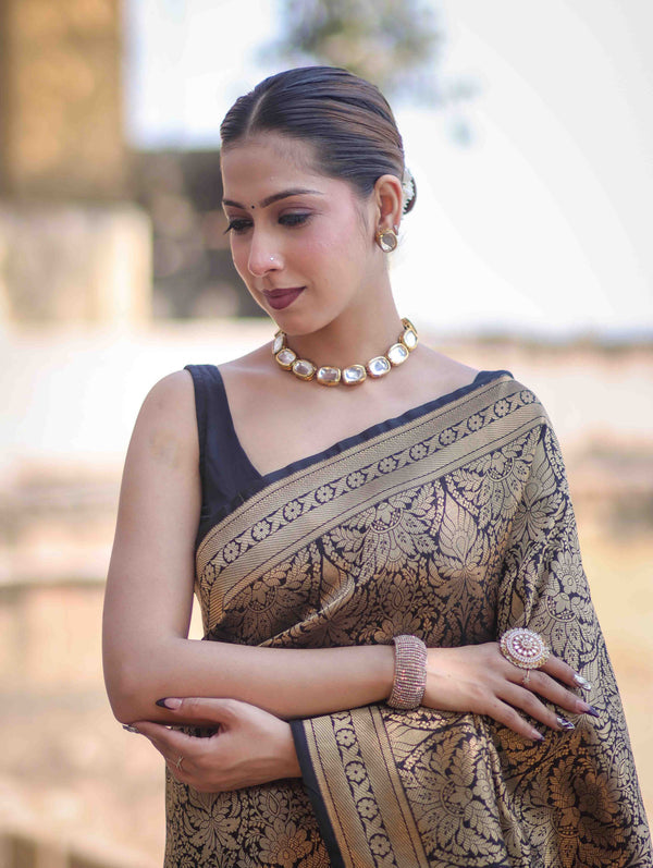 Banarasee Handloom Semi Katan Saree With Gold Zari Woven Design-Black (Buy 1 Get 1 Free)