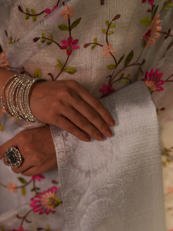 Banarasee Handwoven Broad Border Tissue Saree With Embroidered Floral Design-Silver (Buy 1 Get 1 Free)