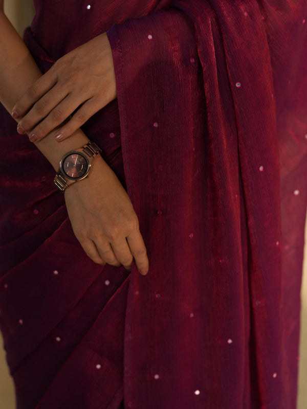 Banarasee Dual Shaded Chiffon Saree With Mirror Work-Maroon (Buy 1 Get 1 Free)