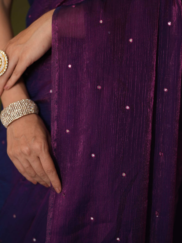 Banarasee Dual Shaded Chiffon Saree With Mirror Work-Violet (Buy 1 Get 1 Free)