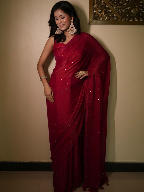 Banarasee Dual Shaded Chiffon Saree With Mirror Work-Red  (Buy 1 Get 1 Free)