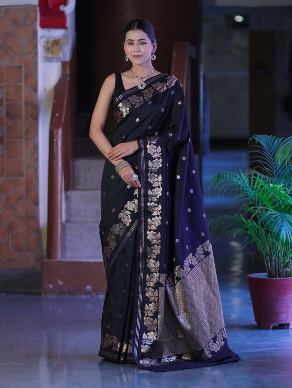 Banarasee Handloom Semi Silk Saree With Sona Rupa Zari Buti Design & Floral Border-Black (Buy 1 Get 1 Free)