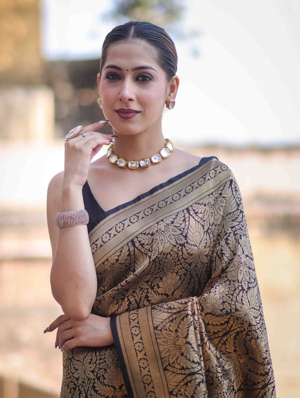 Banarasee Handloom Semi Katan Saree With Gold Zari Woven Design-Black (Buy 1 Get 1 Free)